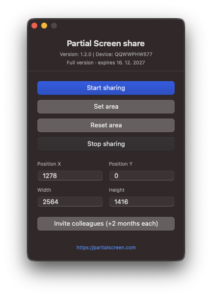 Partial Screen app window with sharing controls and the position and size of the shared area